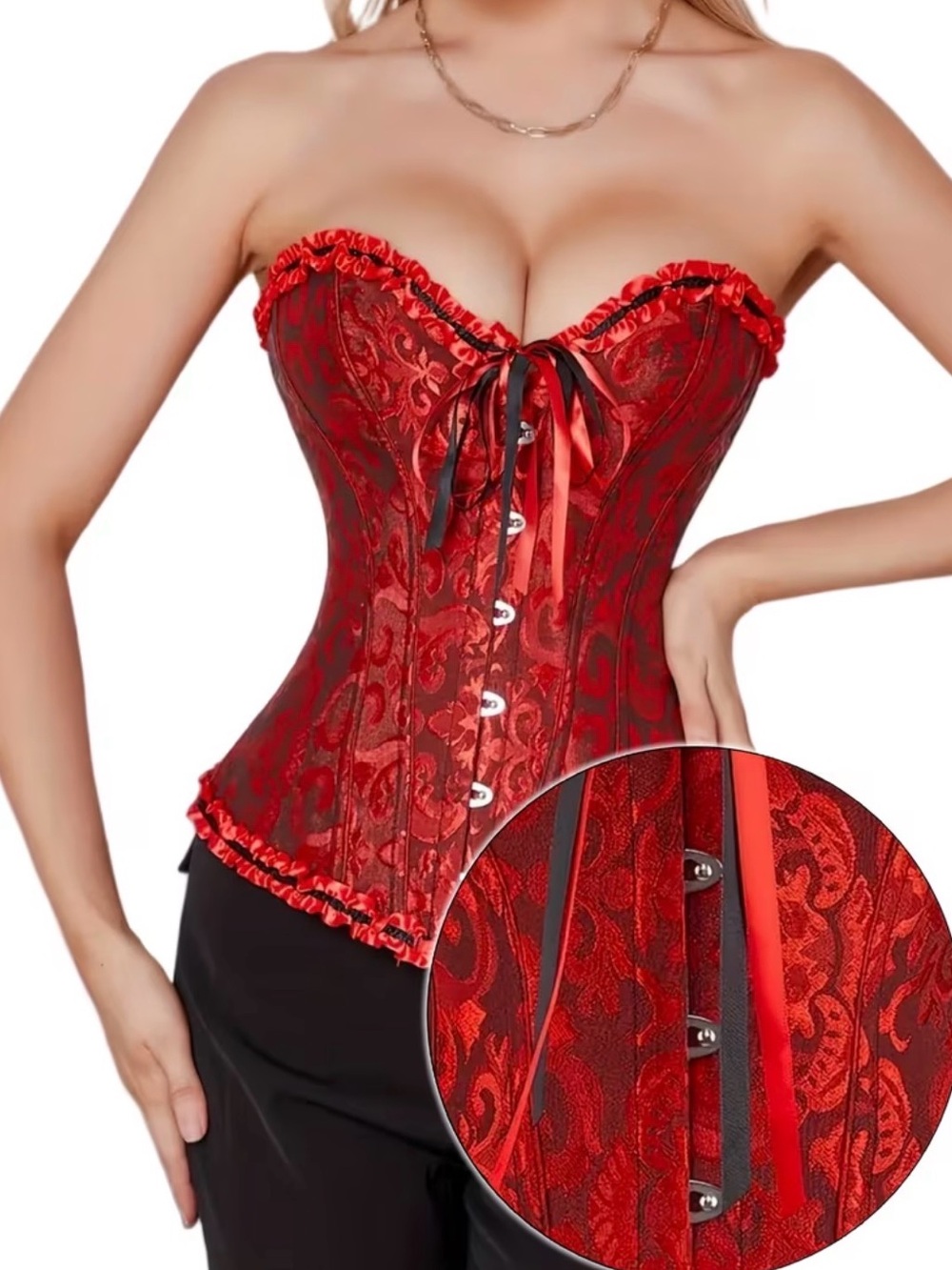 Red Lace Strapless Corset Top with Ribbons - Women Intimates